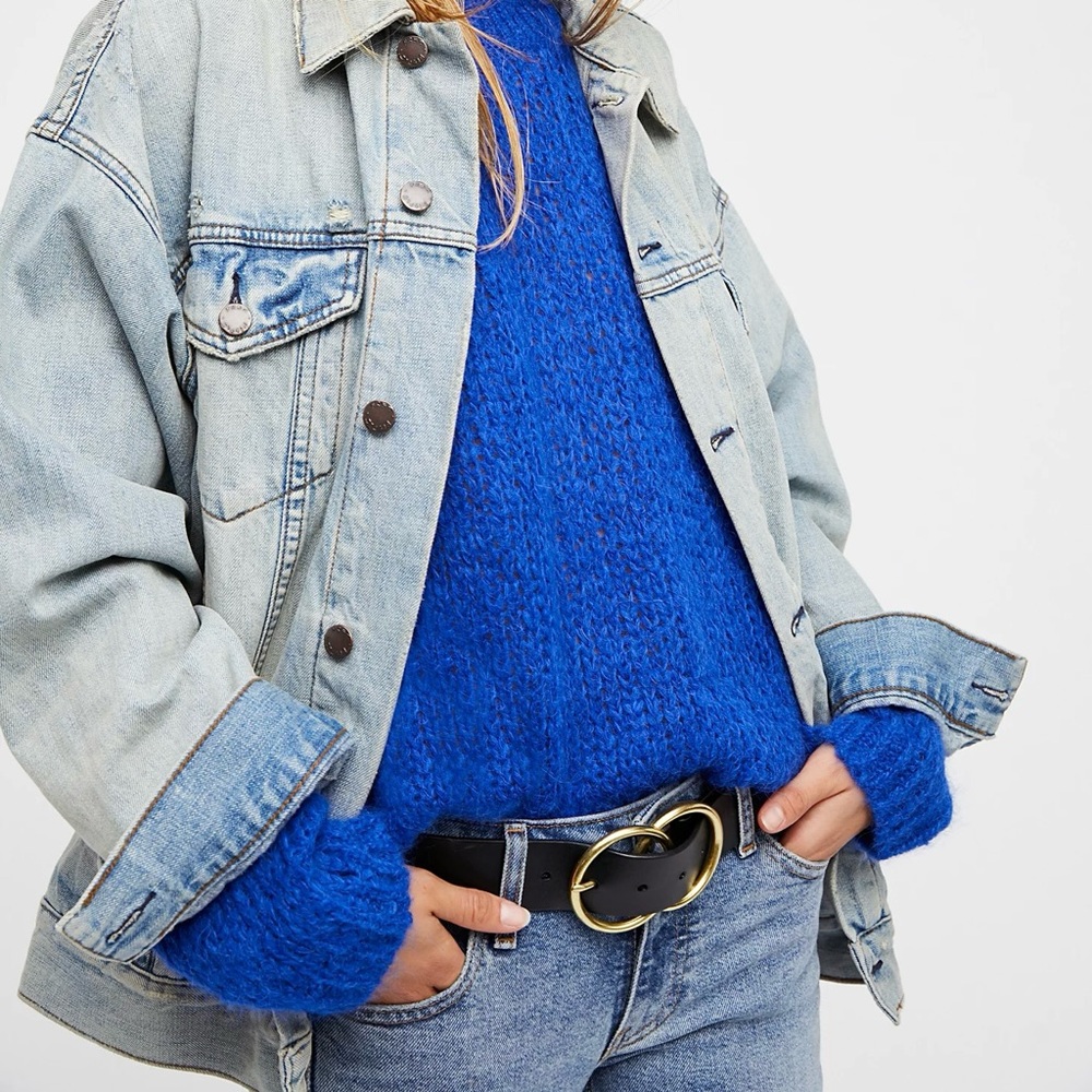 Free People Denim Trucker Jacket 25 Year Light Wash Oversized Distressed Size XS